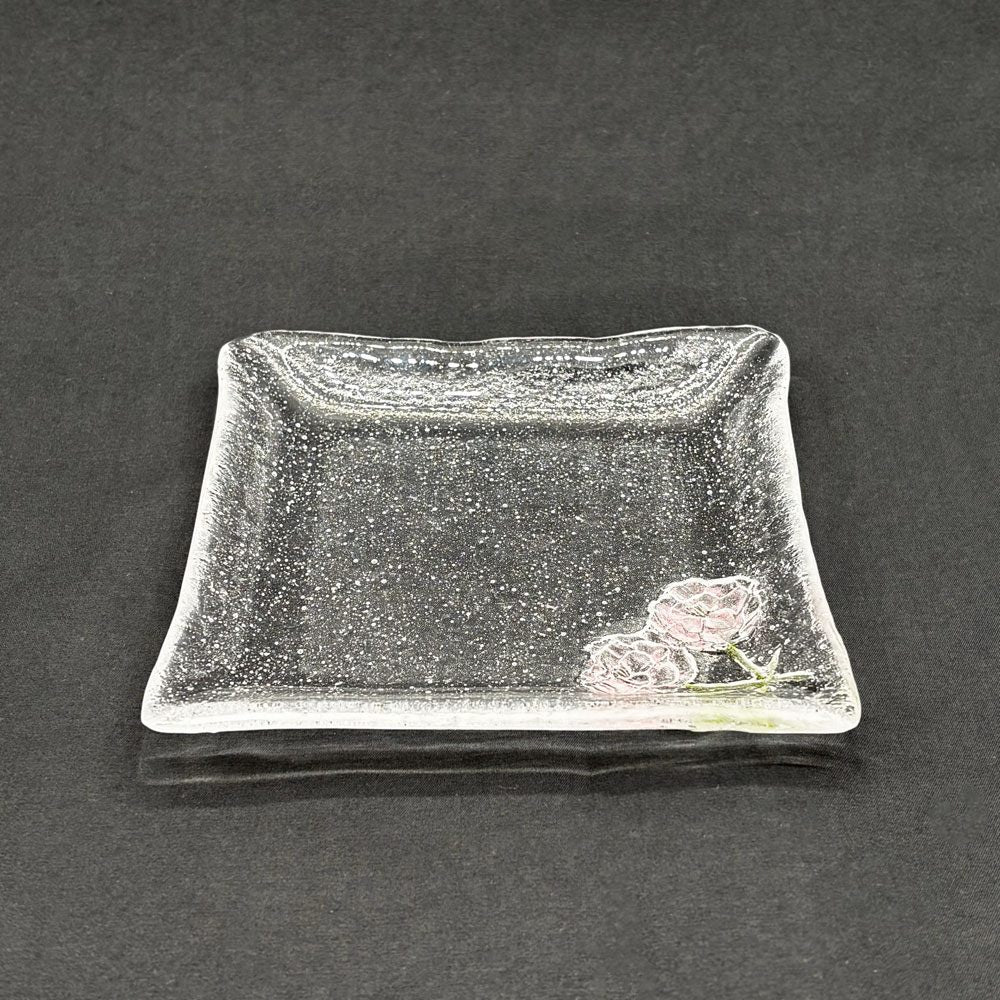 岡田多恵 ガラス 角皿 スクエアプレート パートドヴェール 花 14cm 現代作家 A ●