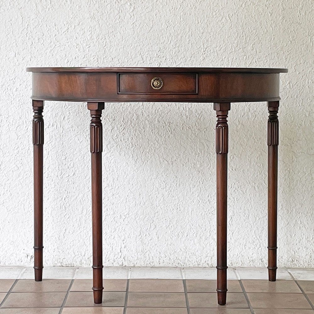ビンテージ Vintage 半円形 木製 コンソールテーブル 1ドロワー デスク アンティーク クラシカルデザイン ◇