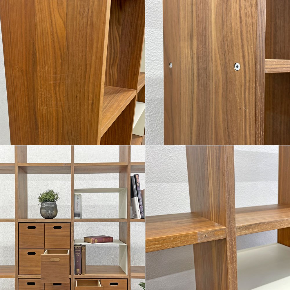 無印良品 MUJI スタッキングシェルフ 4列5段 オープンシェルフ コの字棚2個+ブックエンド2個+スタッキングチェスト抽斗4杯x3個付き 収納棚 リビングボード ウォールナット 総定価約11万円 〓