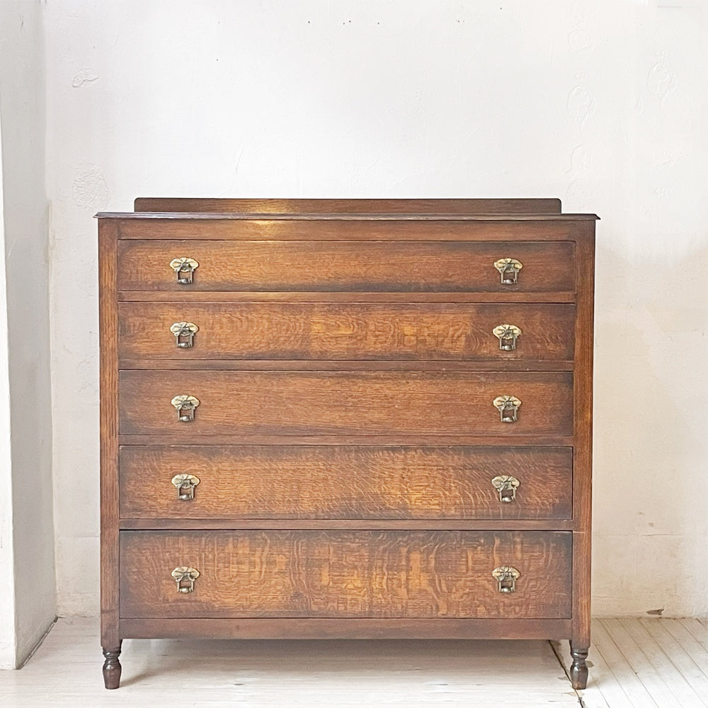 UKビンテージ UK Vintage オーク材 チェスト 衣装ケース 5段 真鍮把手 W106.5cm 収納家具 英国家具 ★