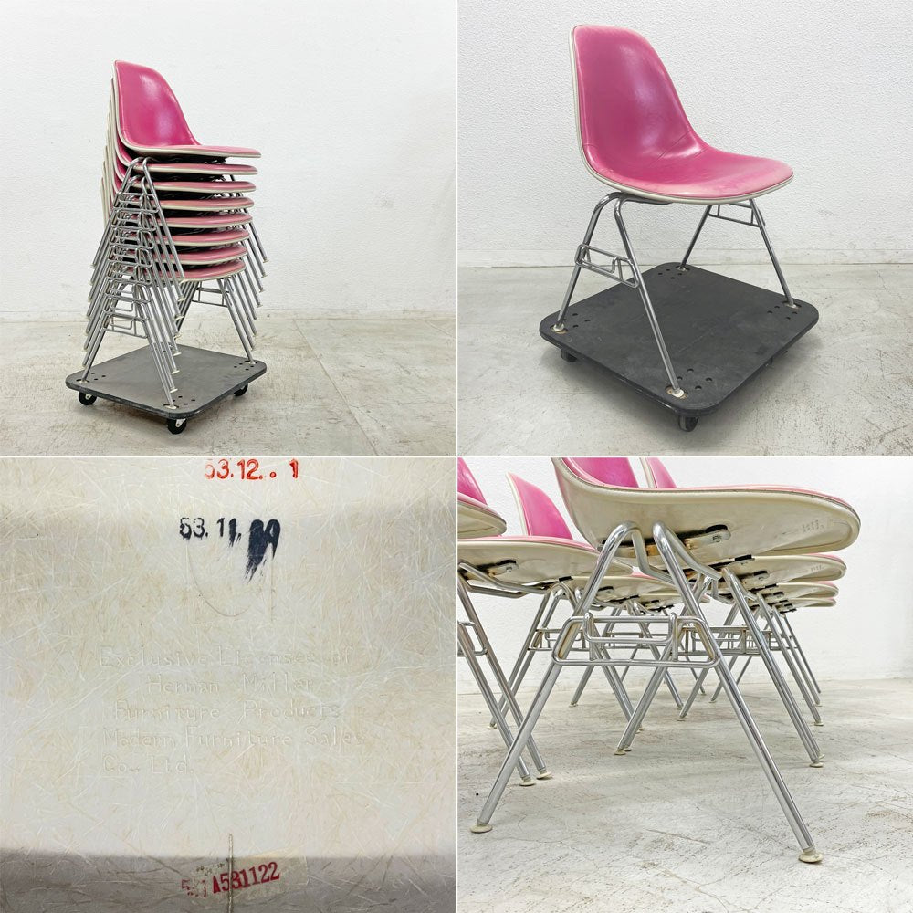 ハーマンミラー Herman Miller ビンテージ サイドシェルチェア 台車付6脚セット サード 3rd FRP PVCレザー スタッキングベース イームズ 〓