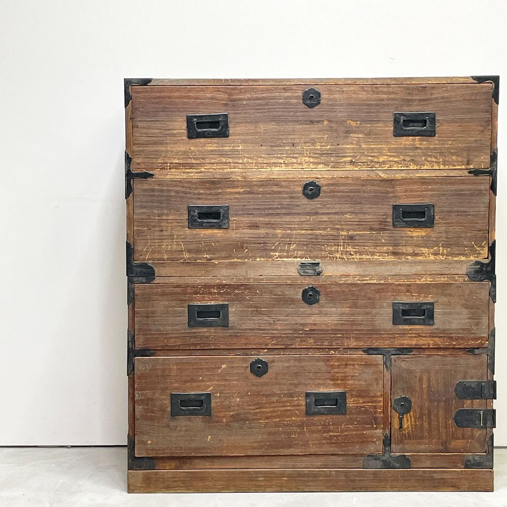 ジャパンビンテージ Japan Vintage 大正期 桐箪笥 重ね 4杯抽斗 古家具 時代箪笥 W92.5cm 日本家具 鍵欠品 ●