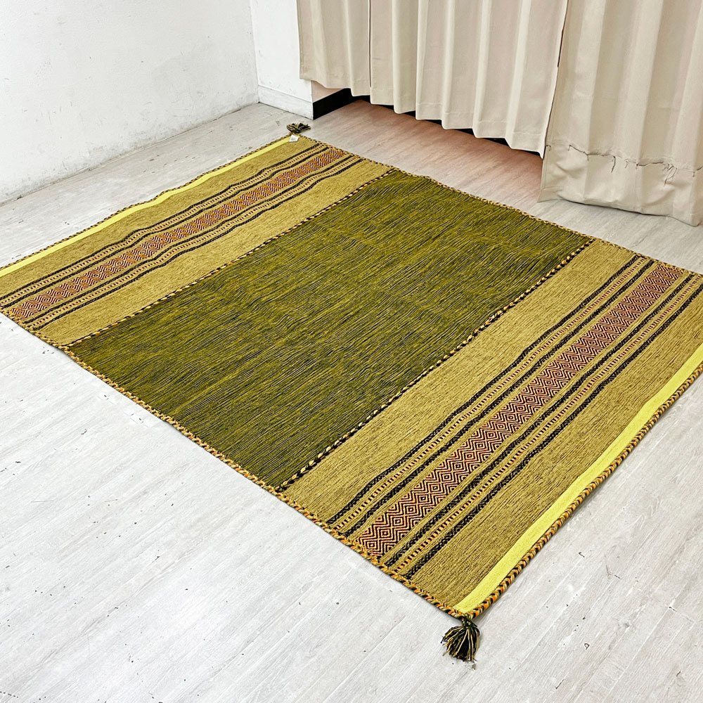 サヤンサヤン SAYANSAYAN インドキリム ラグマット インド綿 幾何学模様 手織り コットン 250×195cm グリーンベース ●