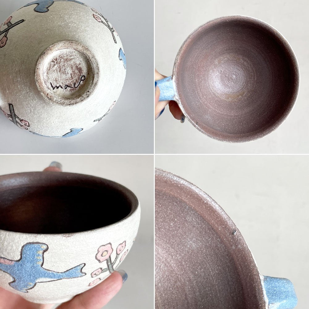 すずきまこと マグカップ 鳥と花柄 陶器 Φ9.5×H6 現代作家 ■