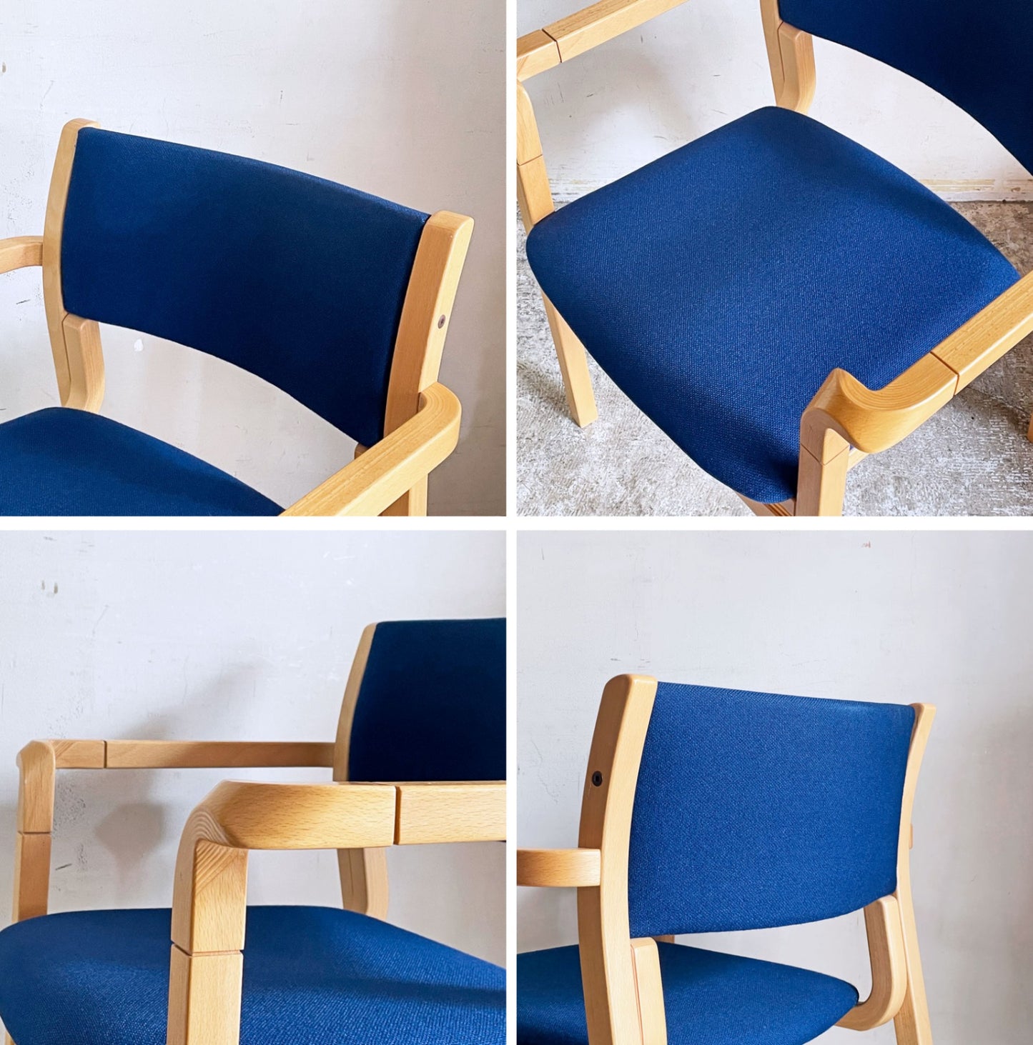 北欧デザイン ビーチ材 アームチェア スタッキング プライウッド ファブリック ブルー A ■