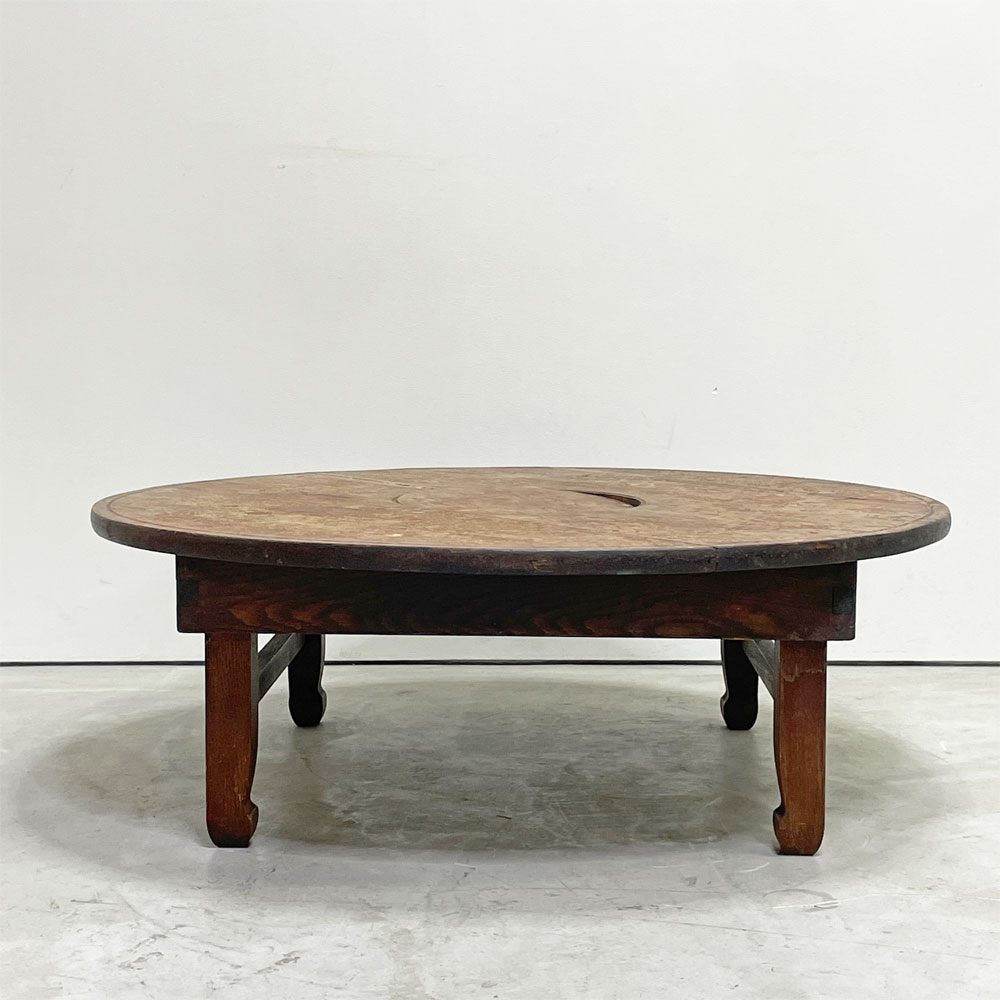 ジャパンビンテージ Japan Vintage 古い木味のちゃぶ台 丸型 折りたたみ 円卓 座卓 中央天板取り外し可能 日本古家具 昭和レトロ ●