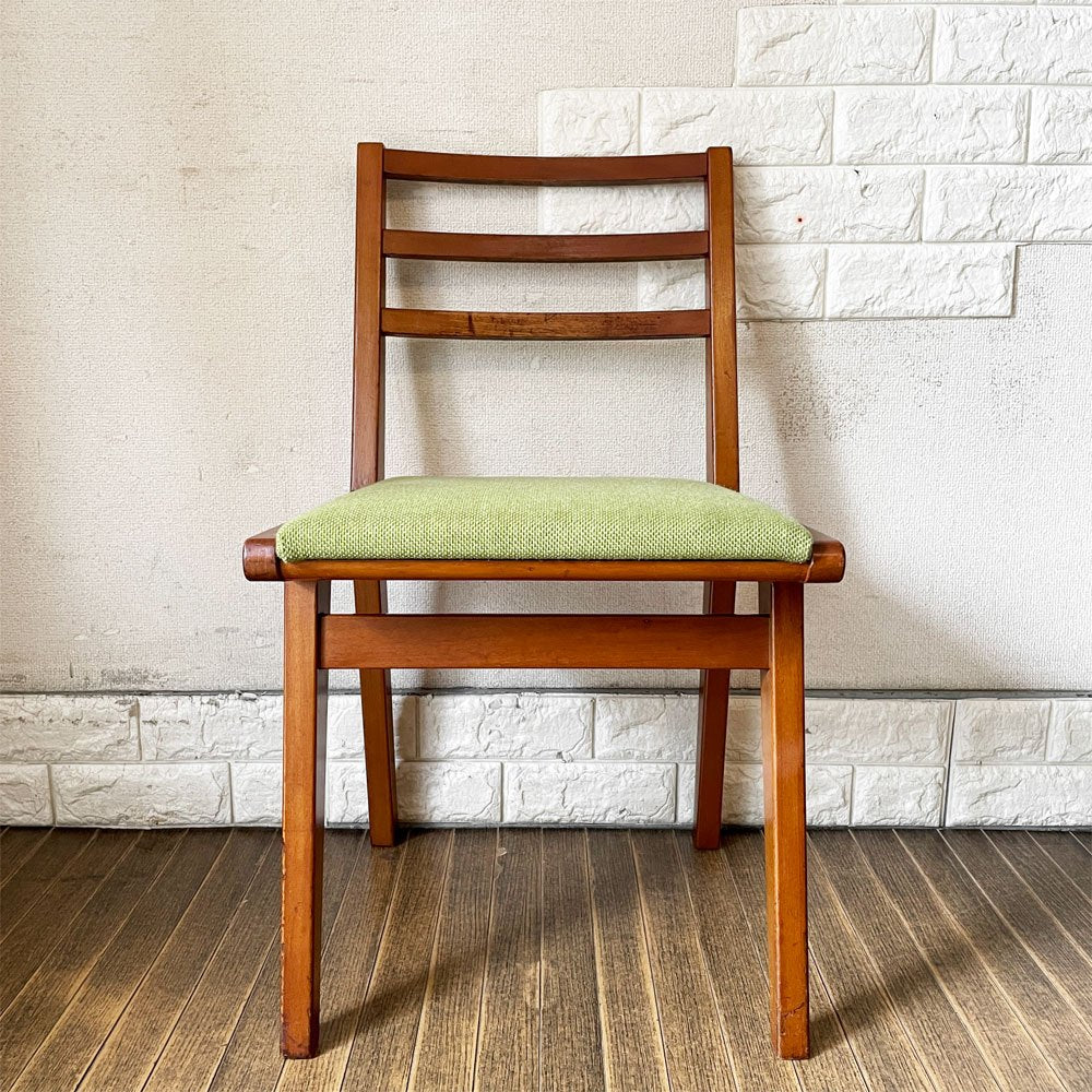 UKビンテージ Vintage ラダーバック ダイニングチェア ファブリックシート ライトグリーン系 座面張替済 英国家具 ◎