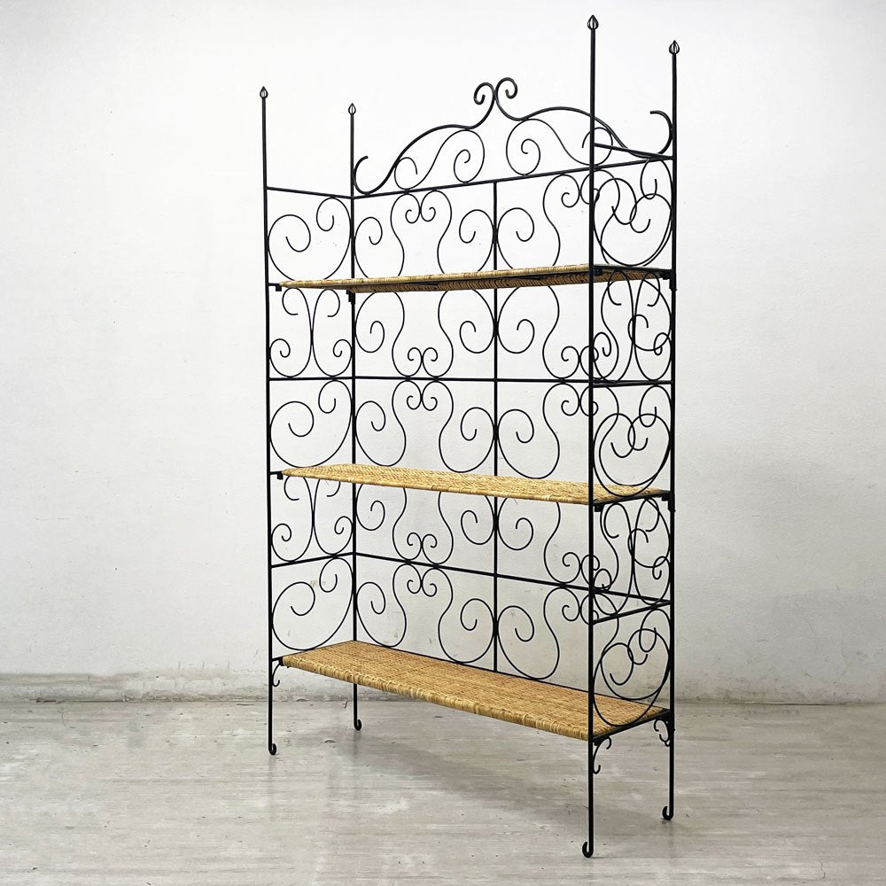 ロートアイアンｘラタン クラシカルデザイン シェルフ 3段 棚板着脱可能 フォールディング 折畳 籐 アンティーク調 店舗什器 ●