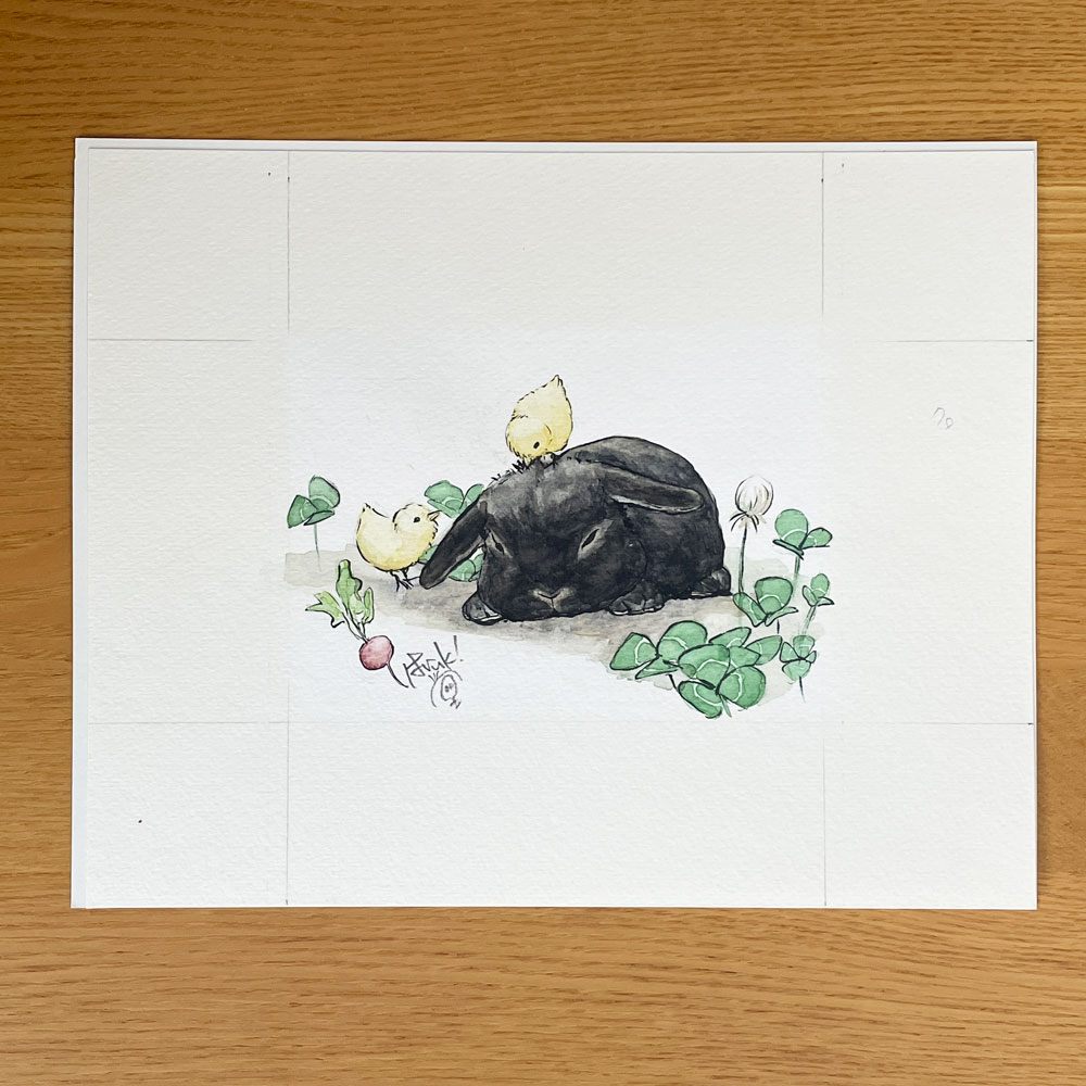はるき堂 水彩画 黒ウサギとひよこ 27×22cm 額装品 赤崎晴樹 ◎