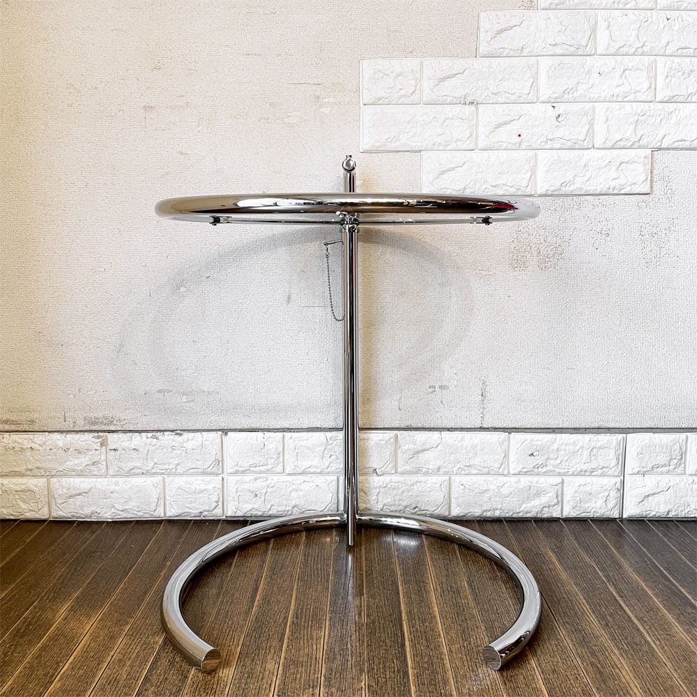 クラシコン ClassiCon アジャスタブルテーブル E1027 サイドテーブル ガラストップ クロームフレーム Φ50.5cm アイリーン・グレイ ドイツ 定価￥217,800- ◎