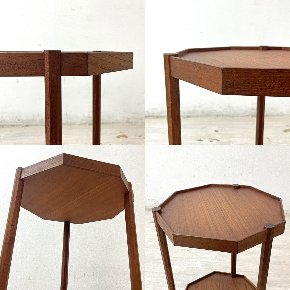 ジャパンビンテージ チーク材 八角形 サイドテーブル 花台 キャスター付き vintage ●