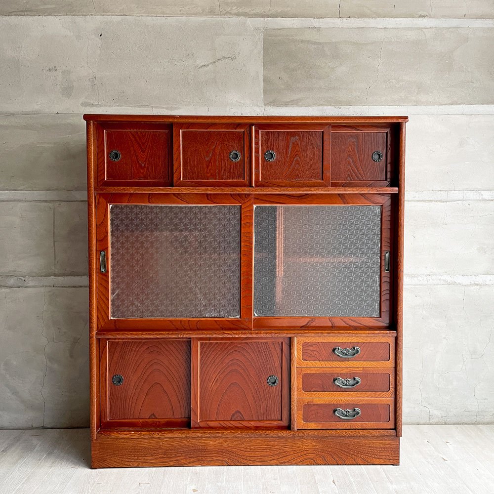 ジャパンビンテージ Japan Vintage 茶箪笥 食器棚 ガラス戸 抽斗 欅材 レトロ 古家具 和家具 ♪