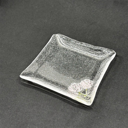 岡田多恵 ガラス 角皿 スクエアプレート パートドヴェール 花 14cm 現代作家 A ●