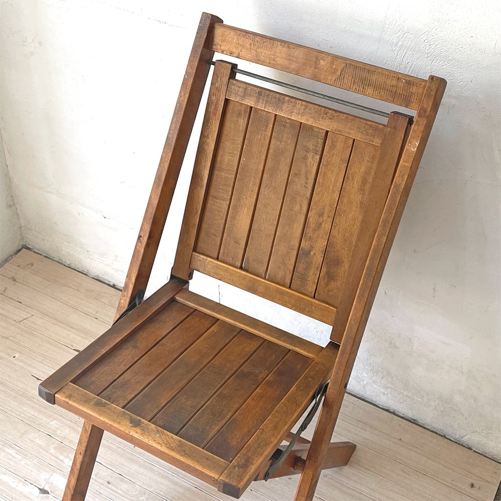 US ビンテージ スラットバック フォールディングチェア 折り畳み椅子 木味 カントリー アンティーク 米国 B ★
