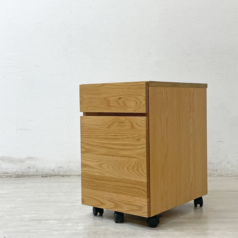 無印良品 MUJI デスクワゴン デスクキャビネット 袖机 オーク材 キャスター付 抽斗2杯 ナチュラル ●