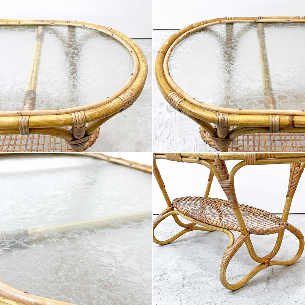 UKビンテージ Vintage ガラストップ ラタン コーヒーテーブル オーバル エッチングガラス ラック付き アンティーク 英国家具 ●