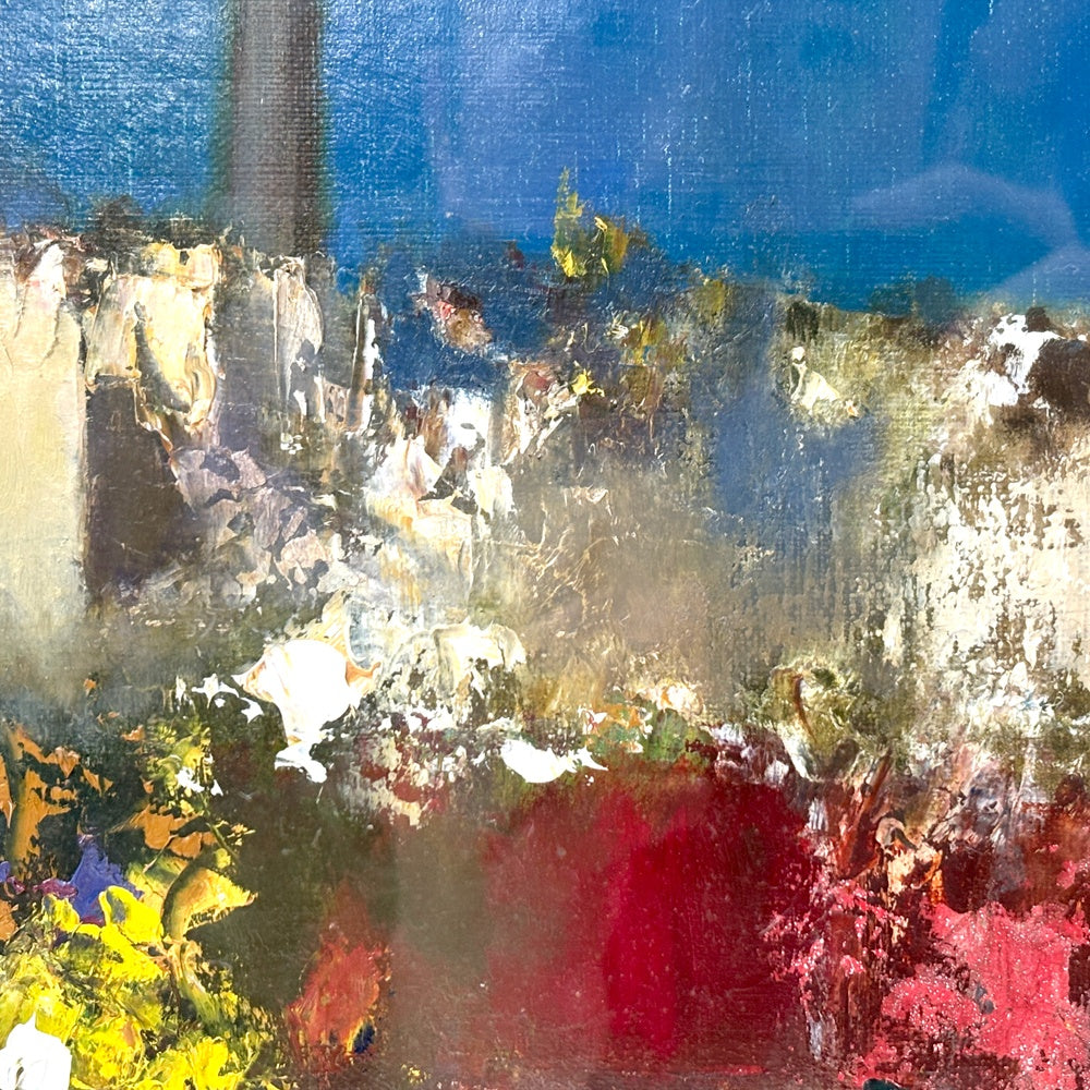 大森朔衞 尖塔のある風景 油彩画 サイン入 大森朔衛 風景画 油絵 洋画家 F6号 キャンバス W61cm 額装品 ●
