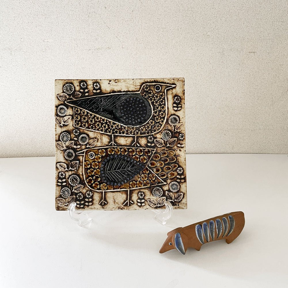 グスタフスベリ GUSTAVSBERG ユニック UNIK 二羽の鳥 FAGLAR 陶板 ウォールデコ 22.5×22.5cm リサ・ラーソン Lisa Larson スウェーデン 北欧ビンテージ ◎