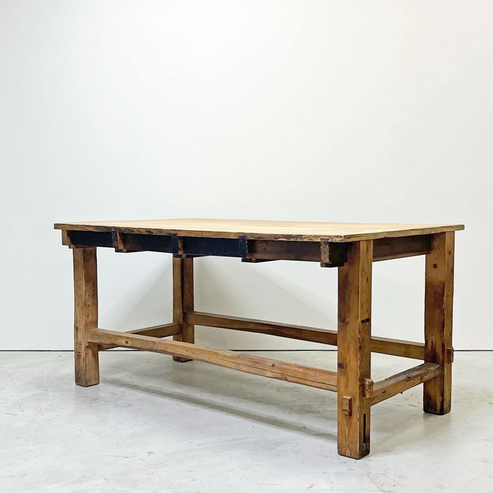 ヨーロッパビンテージ Europe vintage 木製 無垢材 ワークテーブル 作業台 W159cm 抽斗8杯 木味 ディスプレイ台 店舗什器 ●