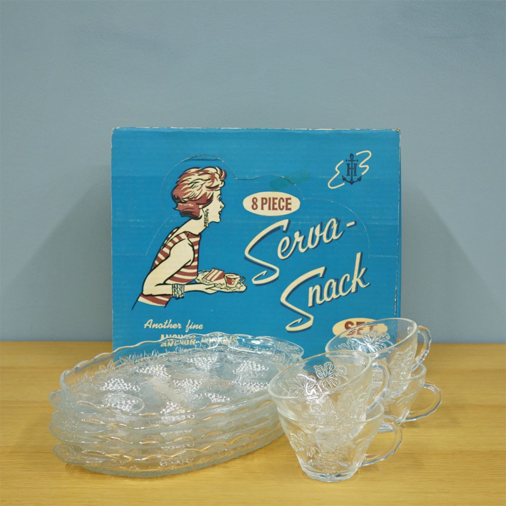 アンカーホッキング ANCHOR HOCKING セルバスナックセット Serva Snack Set カップ&プレート 4点セット 箱付 ビンテージ ◎