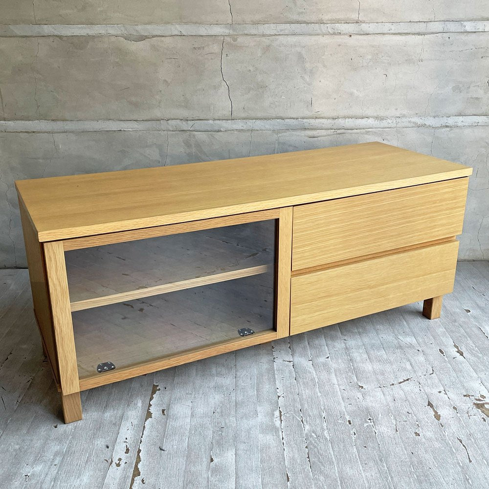 無印良品 MUJI オーク材 AVラック AVボード テレビ台 ガラス扉 ドロップダウン扉 抽斗2杯 W110cm ナチュラル シンプルデザイン 廃番 ♪
