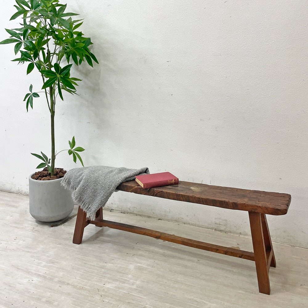オールドチーク無垢材 ロングベンチ 古材 店舗什器 アジアンデザイン W138cm ●