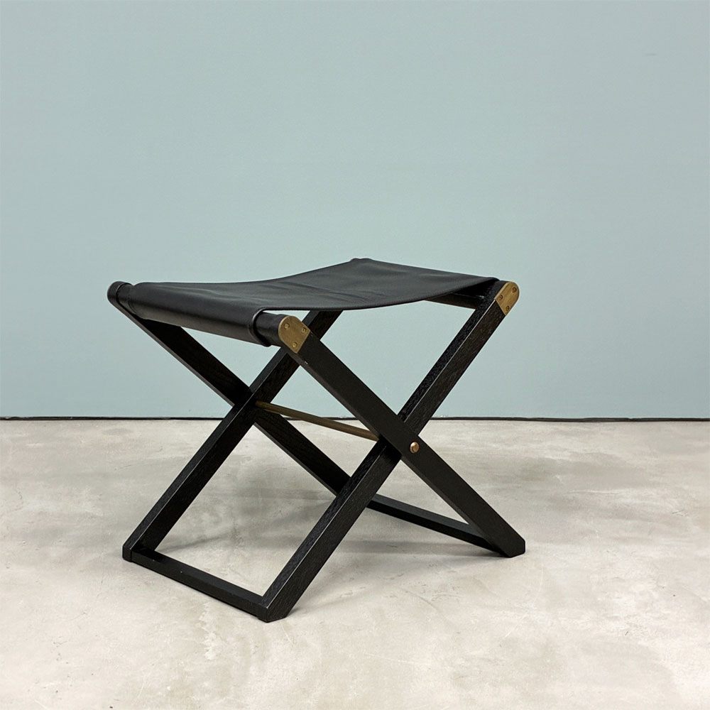 モダンデザイン Modern Design オーク材 フォールディングスツール ブラックペイント レザー×真鍮 ◎