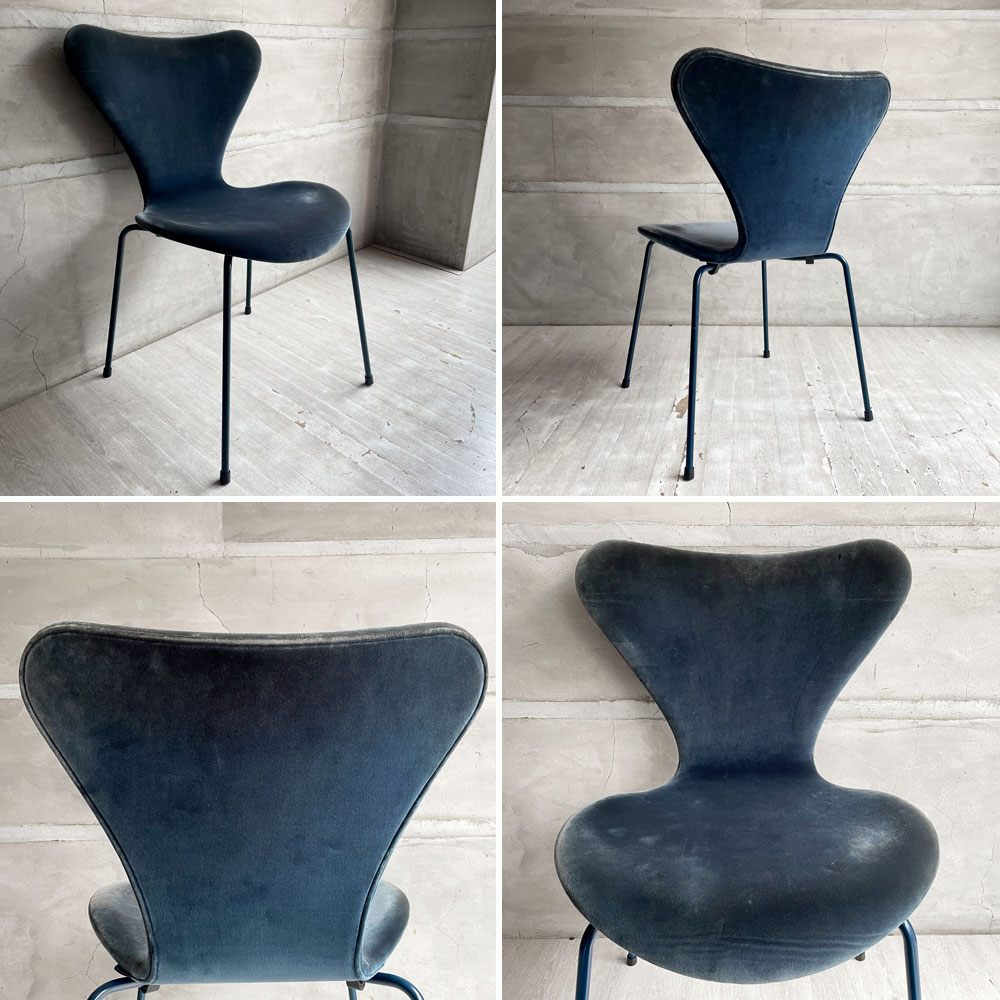 フリッツハンセン Fritz Hansen 3107 セブンチェア フルパティング ベルベット生地 ミッドナイトブルー アルネ・ヤコブセン デンマーク 北欧家具 B ♪