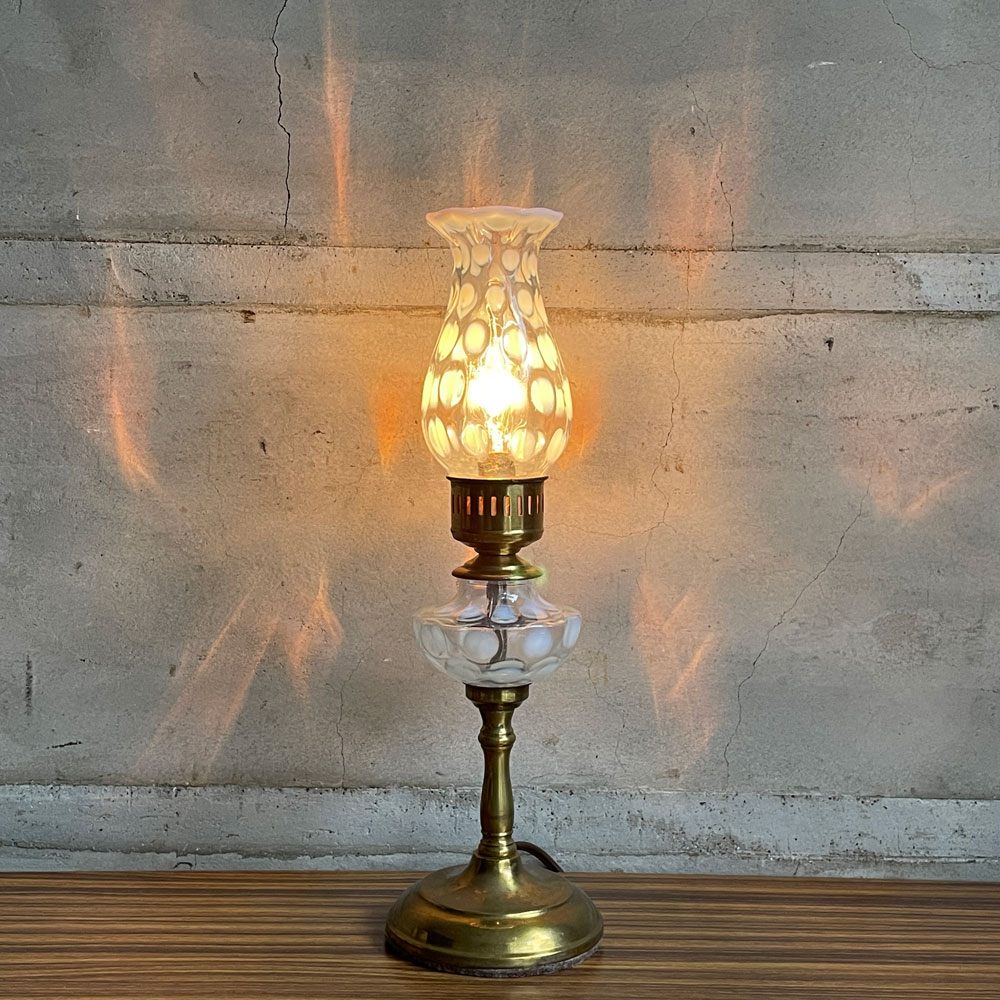 フェントン Fenton コインドット オパールセントガラス 真鍮 ブラス テーブルランプ USビンテージ アメリカ雑貨 ♪