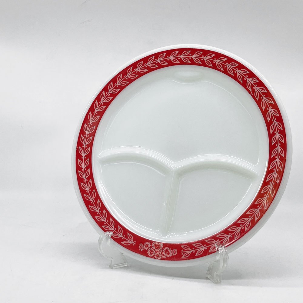 オールドパイレックス OLD PYREX レッドローレル 3コンパートメントプレート 耐熱ミルクガラス USビンテージ ●