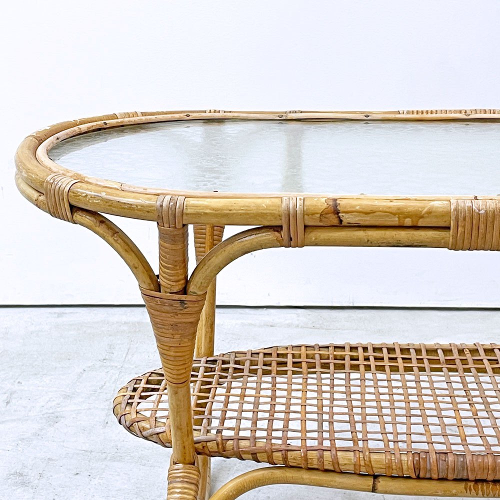 UKビンテージ Vintage ガラストップ ラタン コーヒーテーブル オーバル エッチングガラス ラック付き アンティーク 英国家具 ●