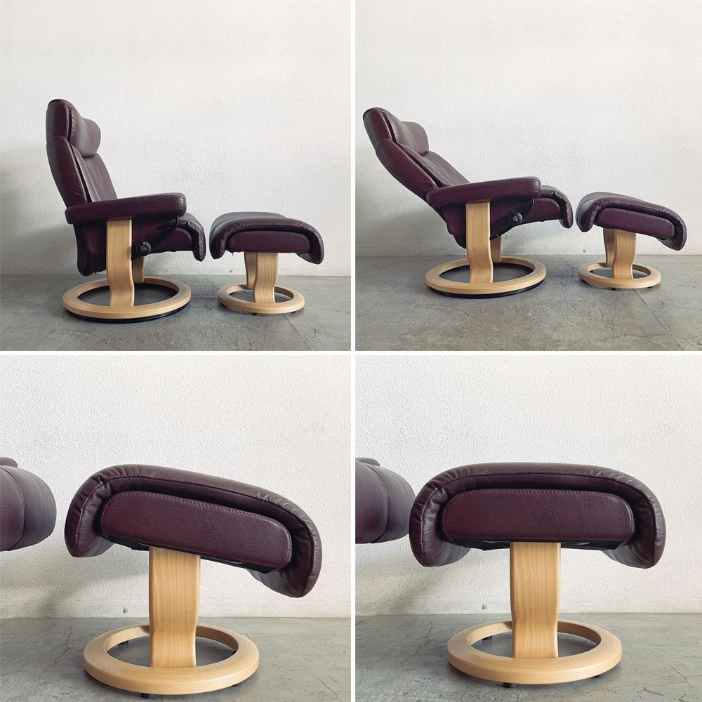 エコーネス EKORNES ストレスレス Stressless マジック Magic リクライニングチェア クラシックベース Mサイズ オットマン付き ボルドー系 〓