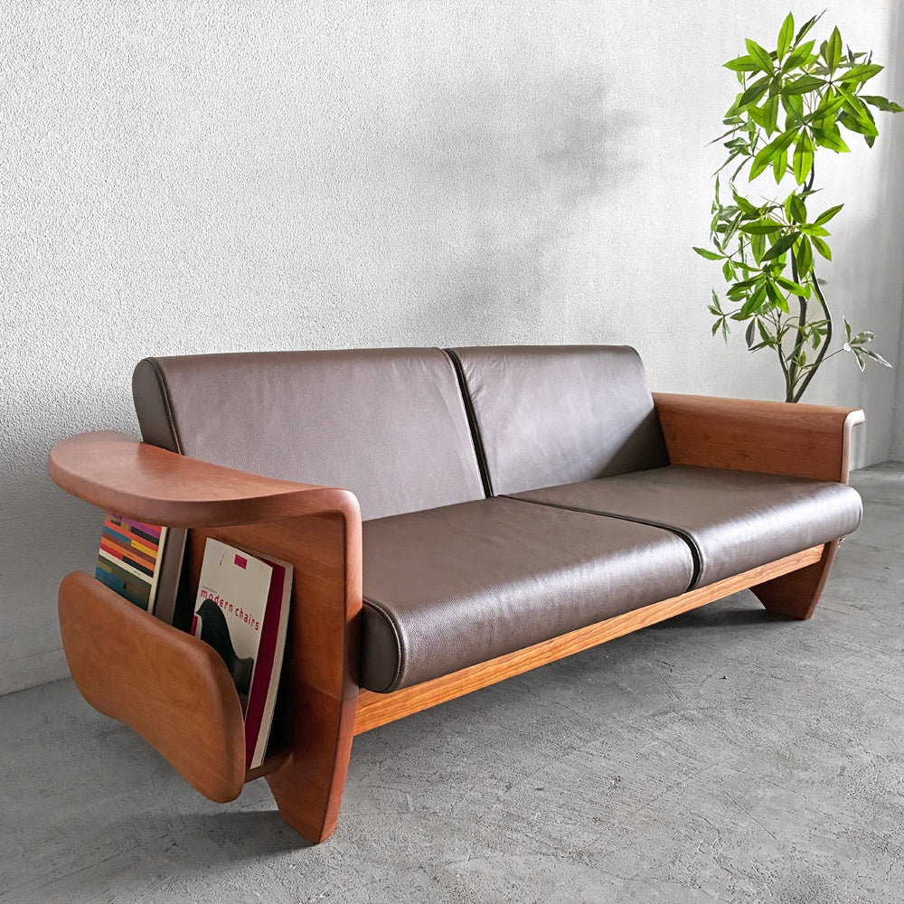 いっぴん工房 ペリカンソファ Pelican Sofa 2Pソファ 2人掛け マガジンラック付き チェリー無垢材 本革 レザー セミオーダー品 造形家具 参考定価 67万以上 〓