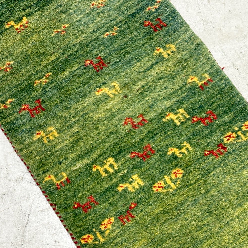 イラン 手織り ギャッベ gabbeh 絨毯 ラグ カーペット 117×60cm グリーン ●