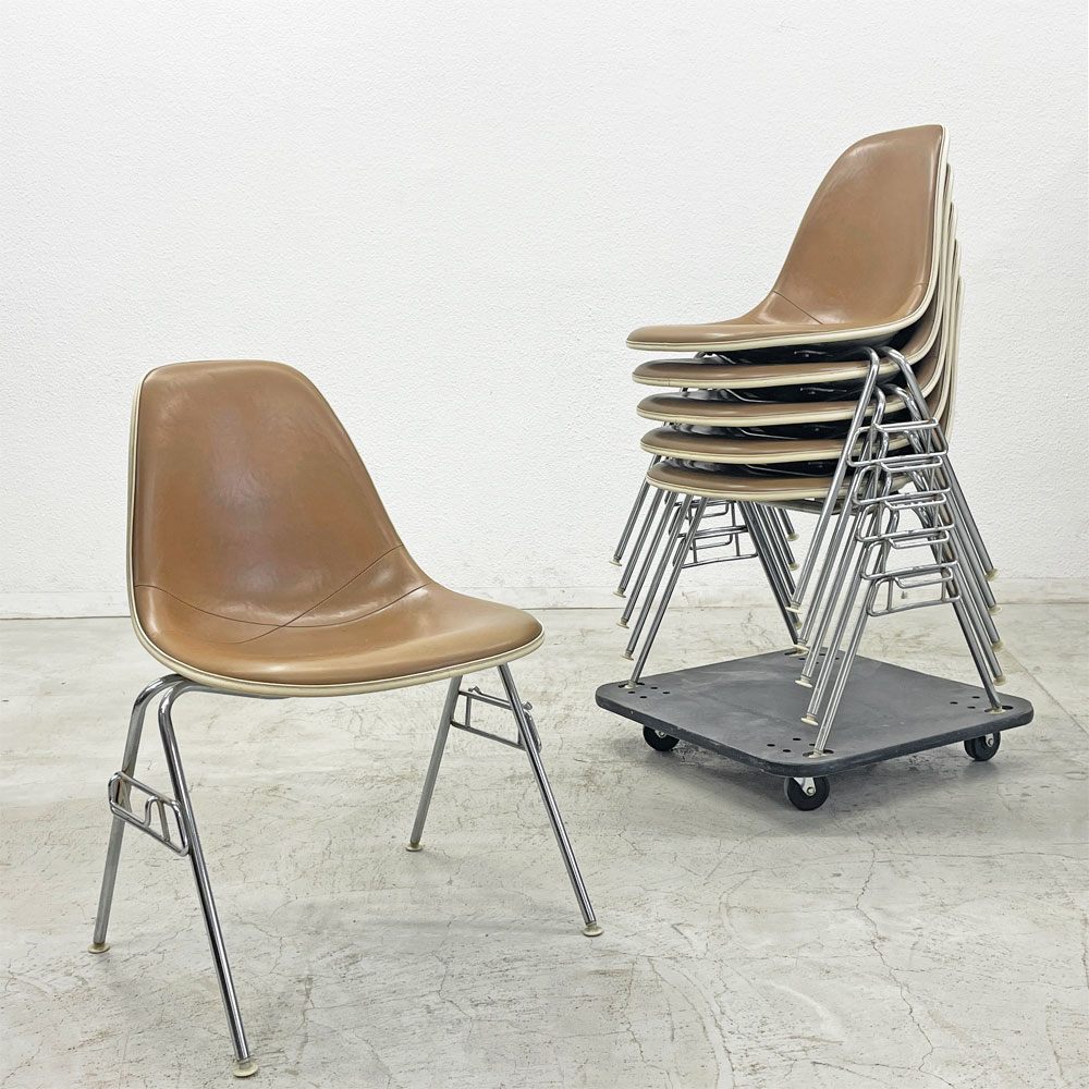 ハーマンミラー Herman Miller ビンテージ サイドシェルチェア 台車付6脚セット サード 3rd FRP PVCレザー スタッキングベース イームズ 〓