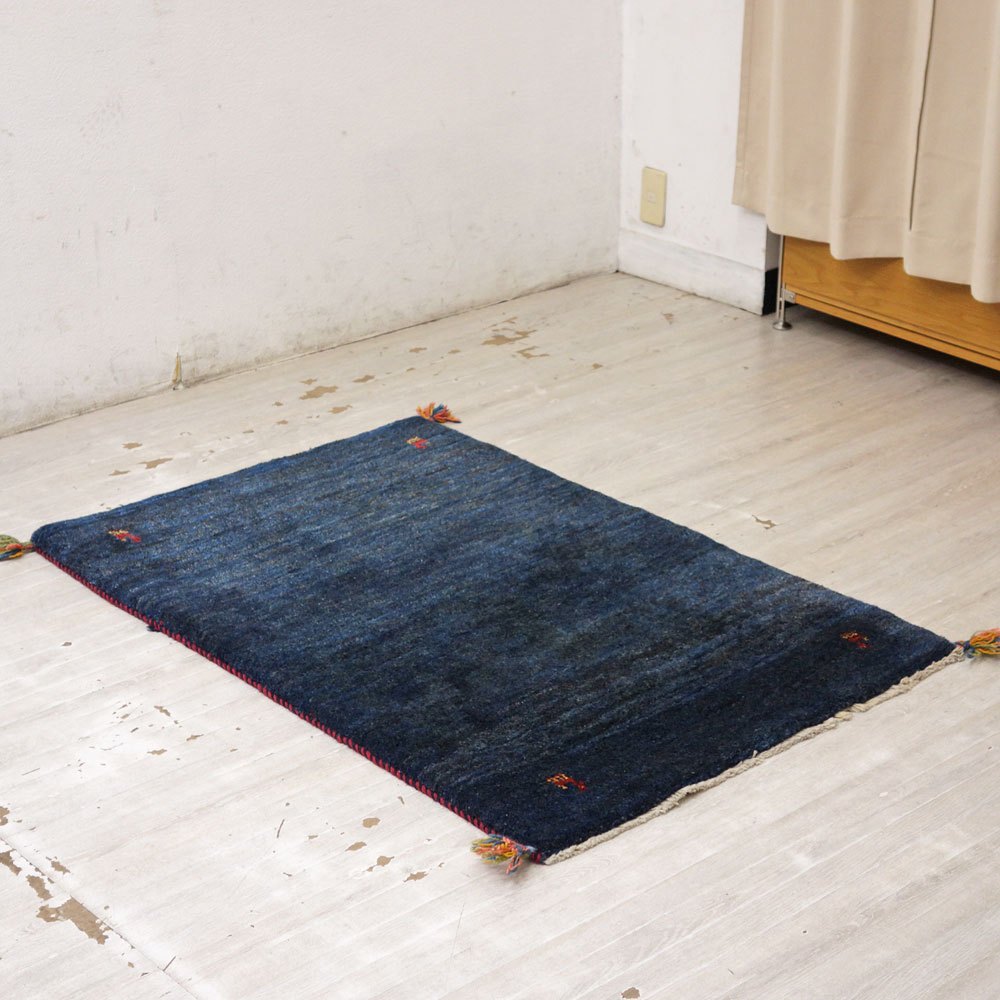 イラン 手織り ギャッベ gabbeh 絨毯 ラグ カーペット ブルー 122×83cm 鹿モチーフ ●
