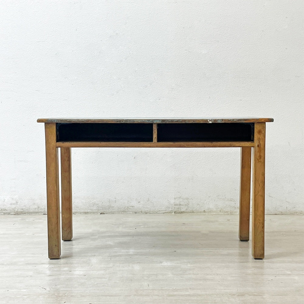 フランスビンテージ French Vintage スクールデスク キッズデスク 学校机 コンソールテーブル 2人掛け ブルーペイント W92cm ●