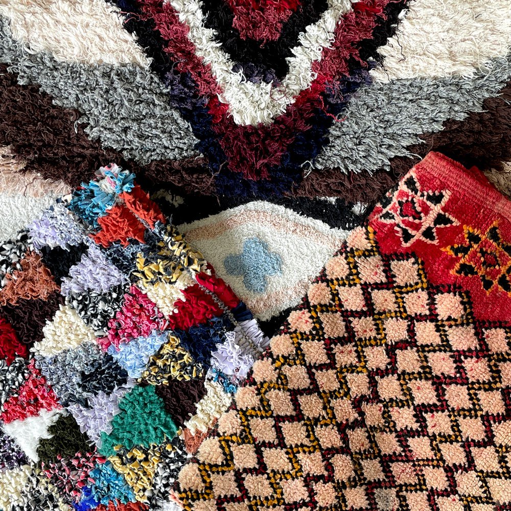 モロッカンラグ MOROCCAN RUG ボシャルウィット Boucherouite 手織り絨毯 ラグ ネイティブ柄 195×95cm モロッコ ◇