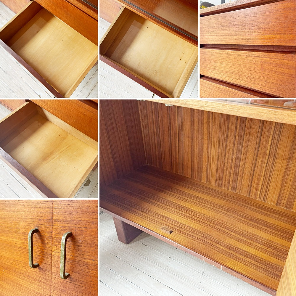 ジャパンビンテージ チーク材 ガラスキャビネット リビングボード 棚板5枚 3ドロワー 北欧スタイル ブロカント 水屋 ジャパニーズモダン ★