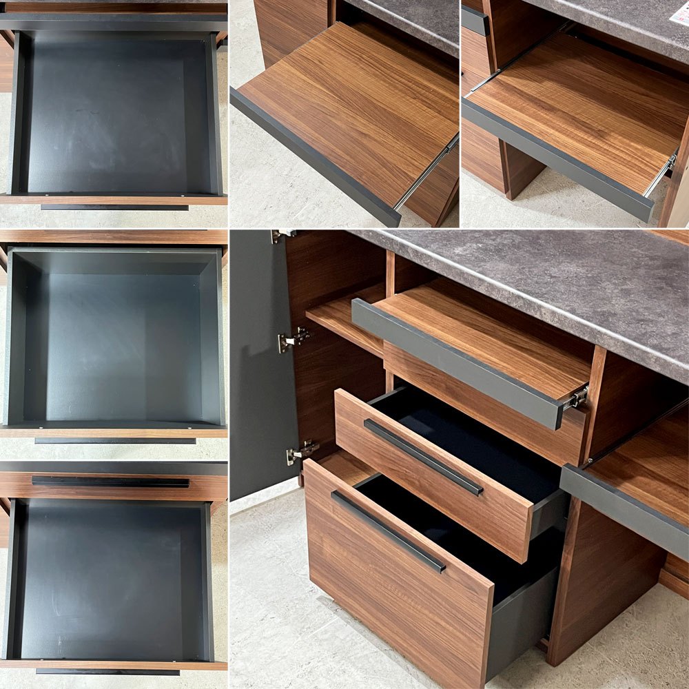 パモウナ Pamouna 食器棚 SY-1600R W160cm キッチンボード カップボード システム家具 ウォールナット木目色 石目柄天板 ソフトクローズ ●