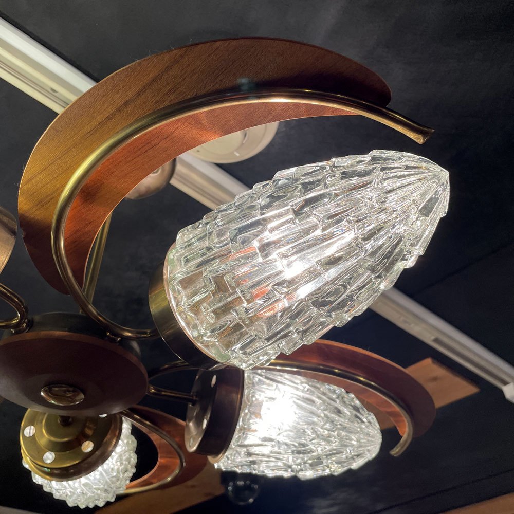 UKビンテージ UK Vintage 5灯 ペンダントライト ガラスシェード チーク材 60～70年代 ミッドセンチュリーデザイン 北欧スタイル 要電気工事 ♪