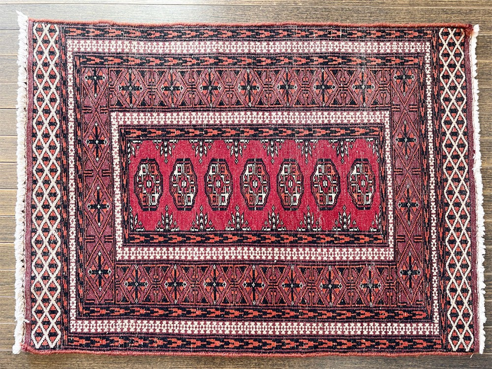 ビンテージ Vintage トライバルラグ トルクメン Turkmen ラグ 玄関マット 83×62cm ギュル文様 レッド系 イラン トルクメニスタン ◎