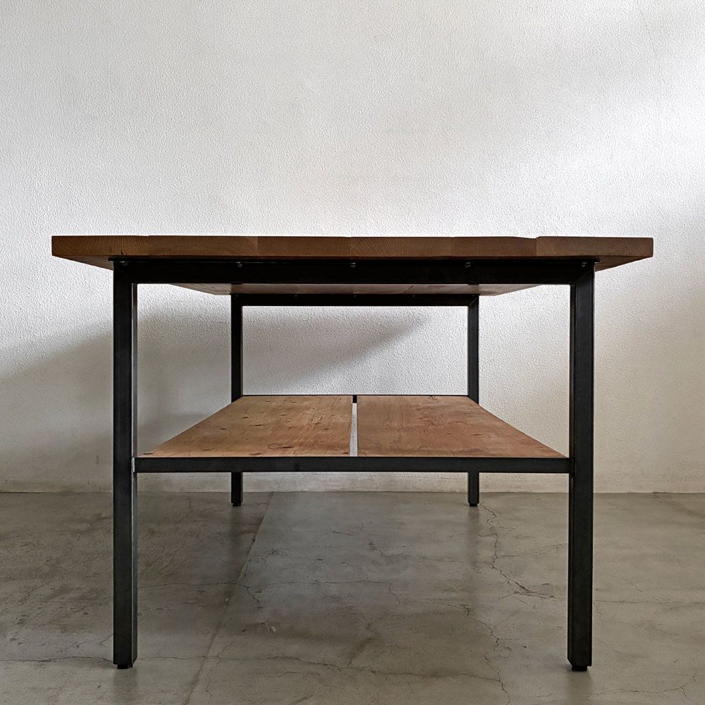 スクエアファニチャー SQUARE FURNITURE オーク 無垢材 ワーキングテーブル 作業台 W180cm スチール脚 シェルフ付き インダストリアル 店舗什器 B 〓