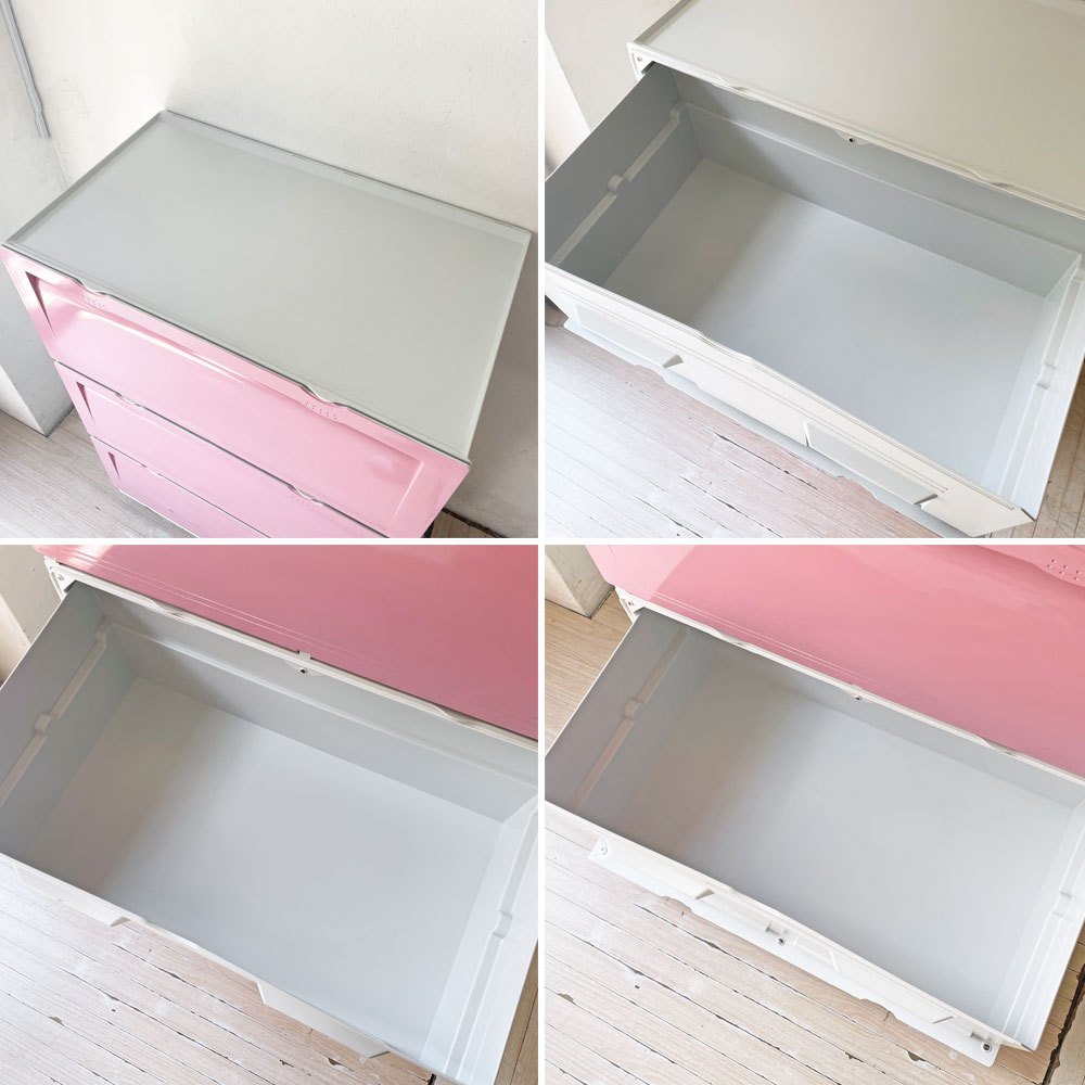 タッパーウェア Tupperware スーパーチェスト ワイド Super chest Wide 引出1段 ピンク 3段セット 専用カート付き ★