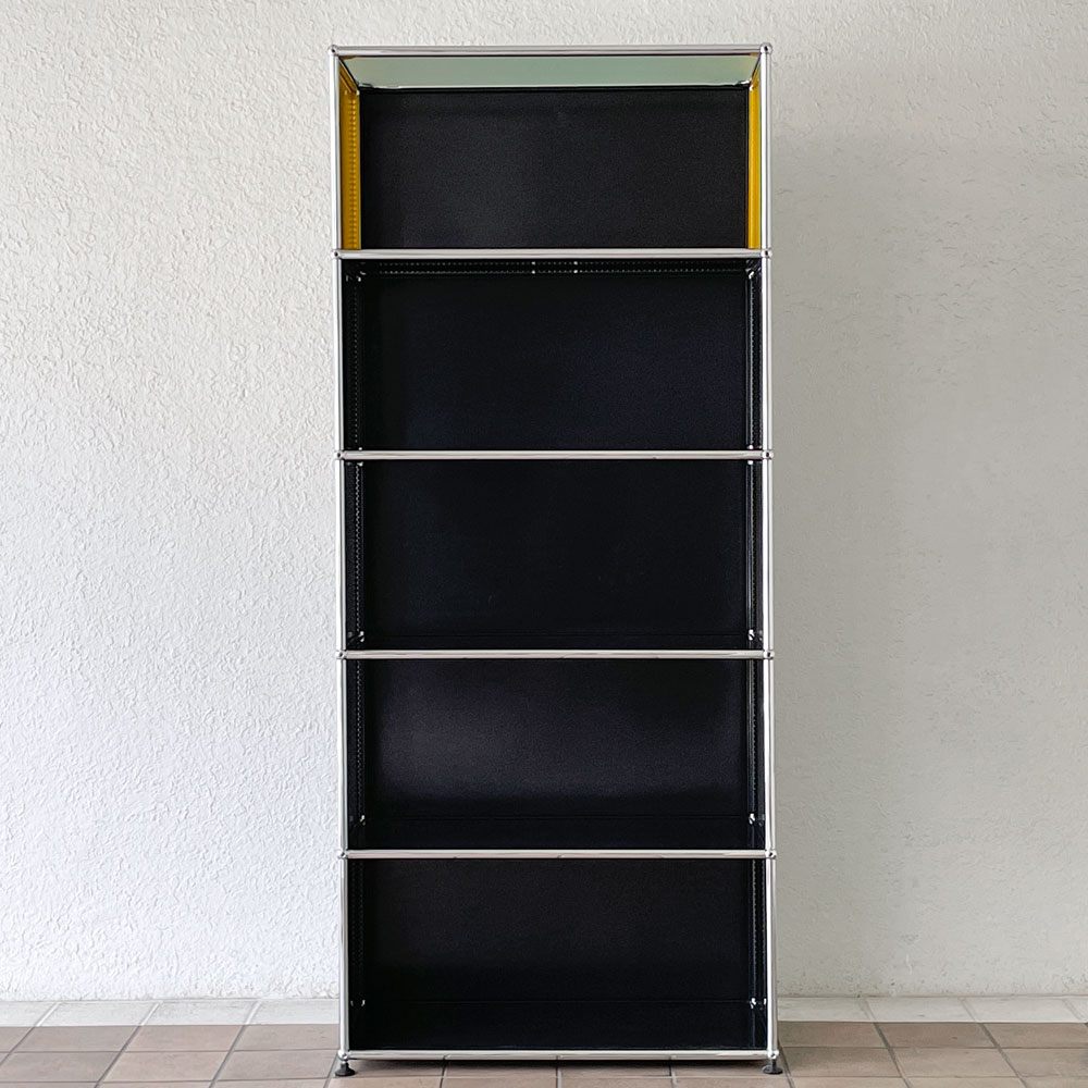 ユーエスエムハラー USMハラー USM Haller モジュラーファニチャー キャビネット シェルフ 1列5段 オープン W77×D37cm ブラック×ゴールデンイエロー パンチング×ガラスパネル 参考価格281,427円以上 ◇