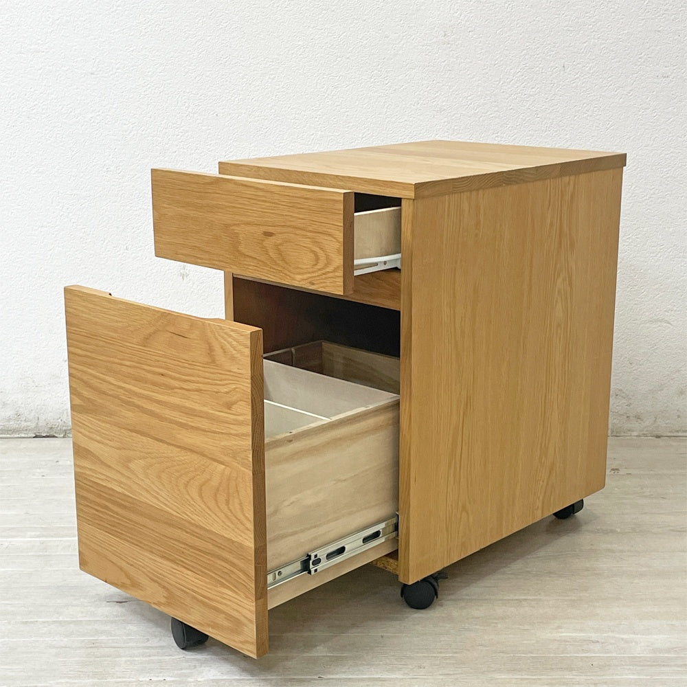 無印良品 MUJI デスクワゴン デスクキャビネット 袖机 オーク材 キャスター付 抽斗2杯 ナチュラル ●