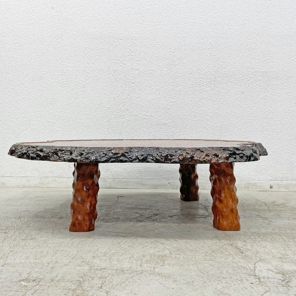 花梨瘤 天然木 玉杢 一枚板 座卓 ローテーブル 銘木家具 座敷机 クラフト家具 センターテーブル ナチュラル 〓
