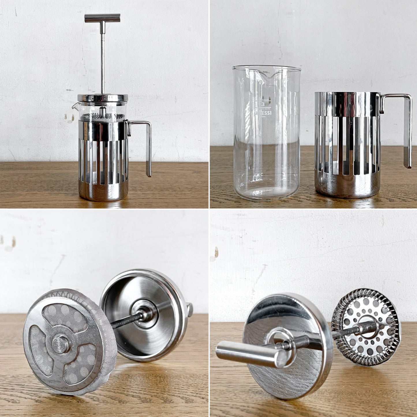 アレッシー ALESSI 9094 プレスフィルターコーヒーメーカー press filter coffee maker 3カップ用 コーヒーポット ティーポット ステンレス 耐熱ガラス アルド・ロッシ Aldo Rossi イタリアンモダン ■