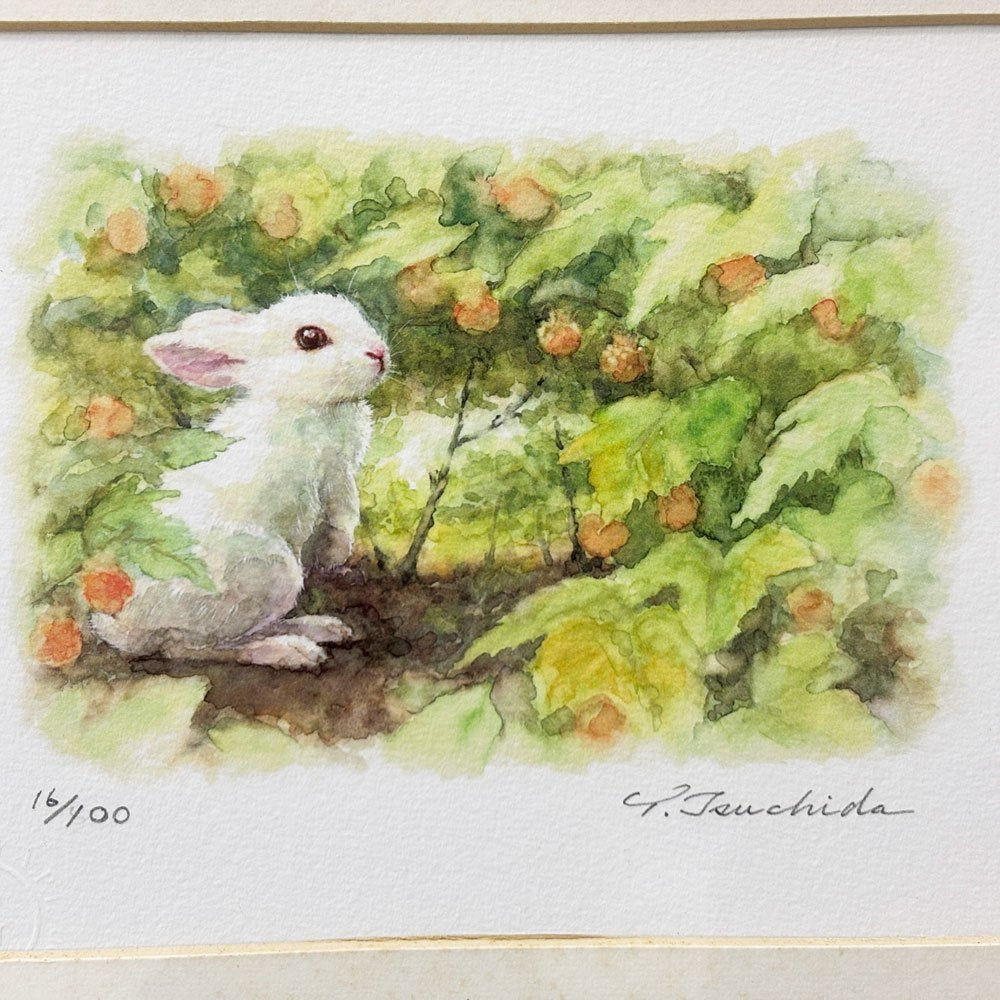 土田穣 ジクレー版画 黄色の実 W32.5cm 16/100 ウサギ 額装品 ●