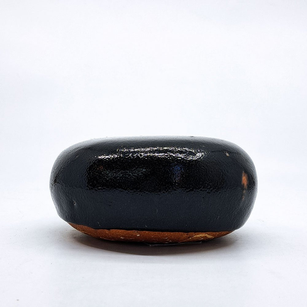 壷田和宏・亜矢 黒釉 オブジェ Φ13.5x7cm 現代作家 ●